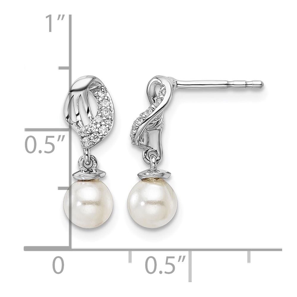 14K White Gold 1/20 carat Diamond and White Pearl Dangle Post Earrings, view 3 of 3