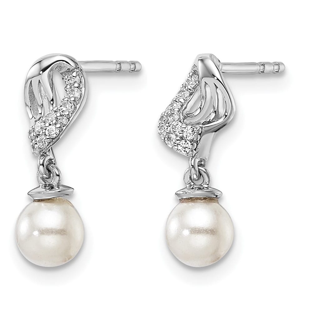 14K White Gold 1/20 carat Diamond and White Pearl Dangle Post Earrings, view 2 of 3