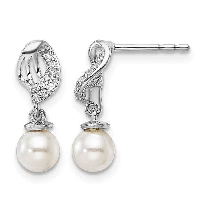 14K White Gold 1/20 carat Diamond and White Pearl Dangle Post Earrings, view 1 of 3