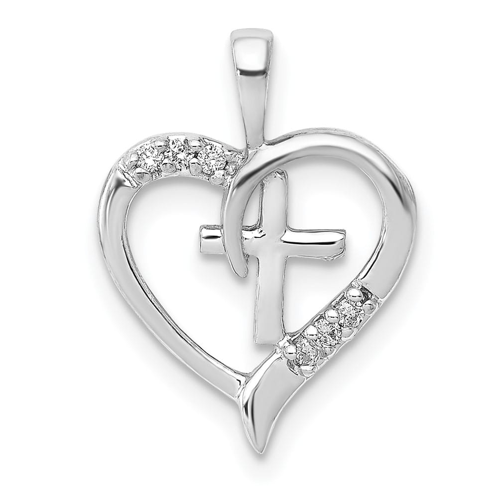 14K White Gold 1/20 carat Diamond Heart Cross Pendant