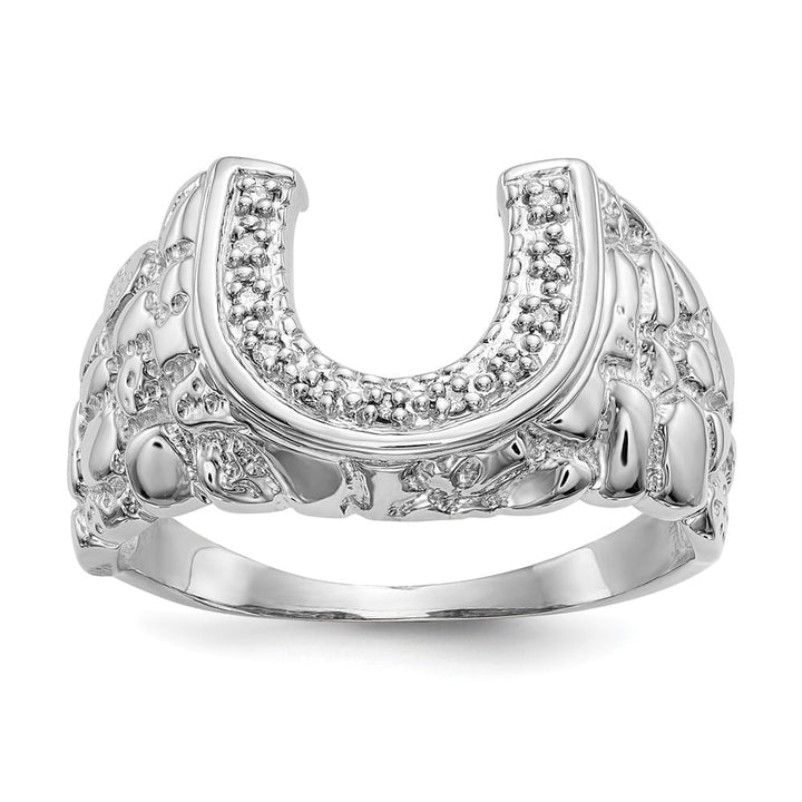 14k White Gold 1/20 Carat Diamond Horseshoe Nugget Men's Ring