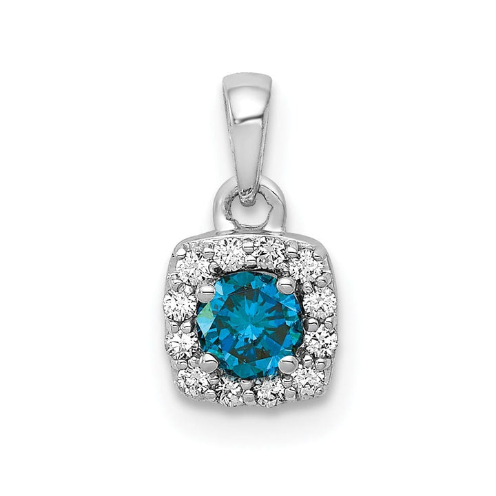 14K White Gold 1/3 ct Blue and White Diamond Square Halo Pendant