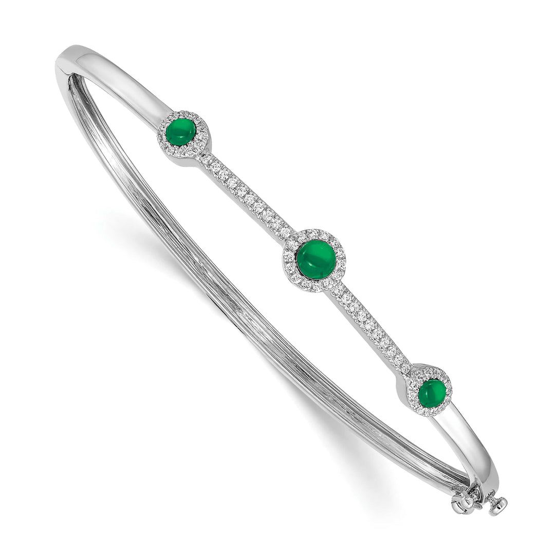 14k White Gold 1/4 carat Diamond and Cabochon Emerald Hinged Bangle