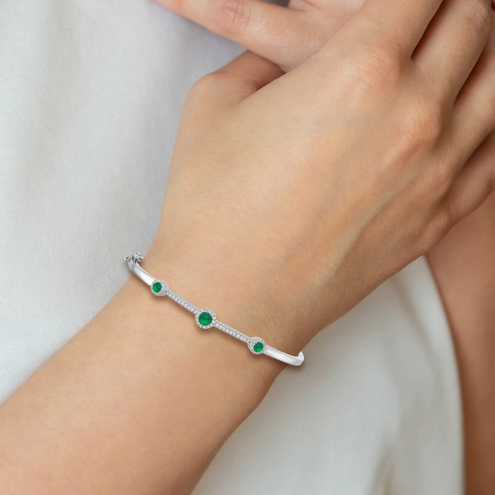 14k White Gold 1/4 carat Diamond and Cabochon Emerald Hinged Bangle