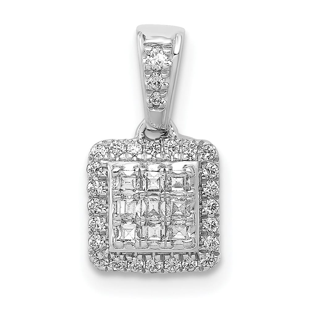 14K White Gold 1/4 ct Diamond Square Halo Cluster Pendant 9 Stones