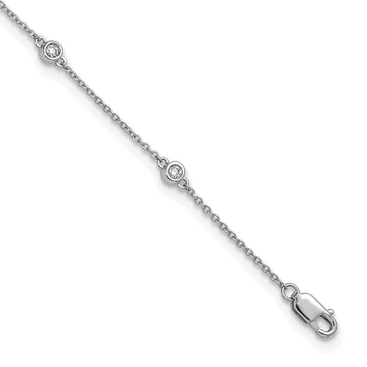 14K White Gold 1/5 carat Bezel-set Diamond and Cable 8-Station Anklet — solid 14K white gold, 9 inches long, 3.03 g