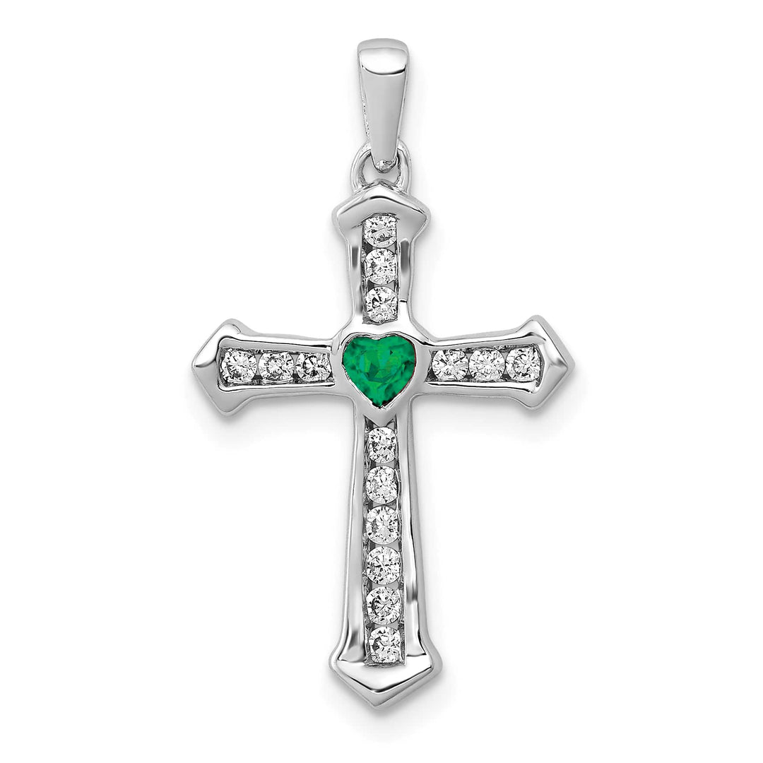 14K White Gold 1/5 ct Lab Grown Diamond & Emerald Cross Pendant
