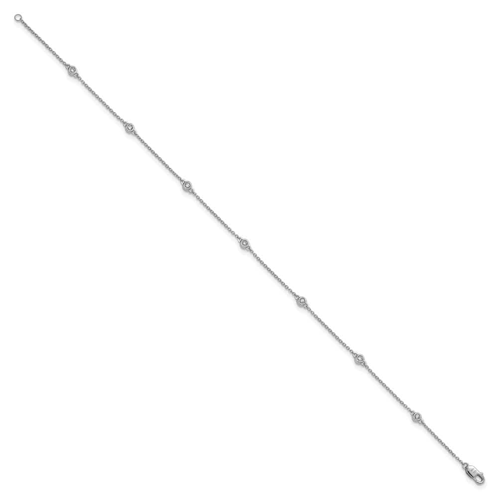 14K White Gold 1/6 carat Bezel-set Diamond and Cable 7-Station Anklet