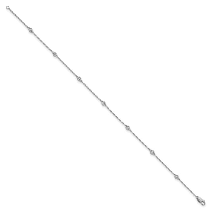 14K White Gold 1/6 carat Bezel-set Diamond and Cable 7-Station Anklet