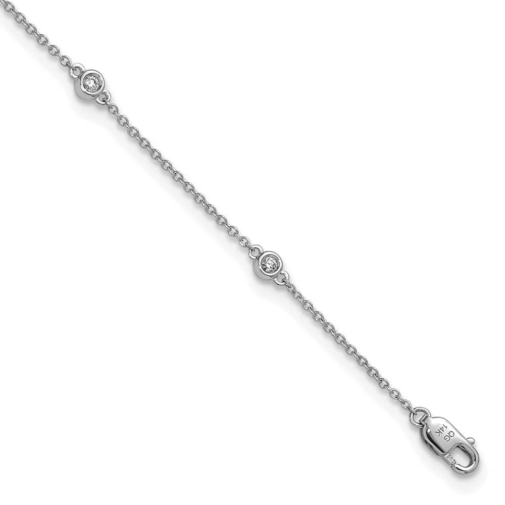 14K White Gold 1/6 carat Bezel-set Diamond and Cable 7-Station Anklet — solid 14K white gold, 9 inches long, 2.70 g
