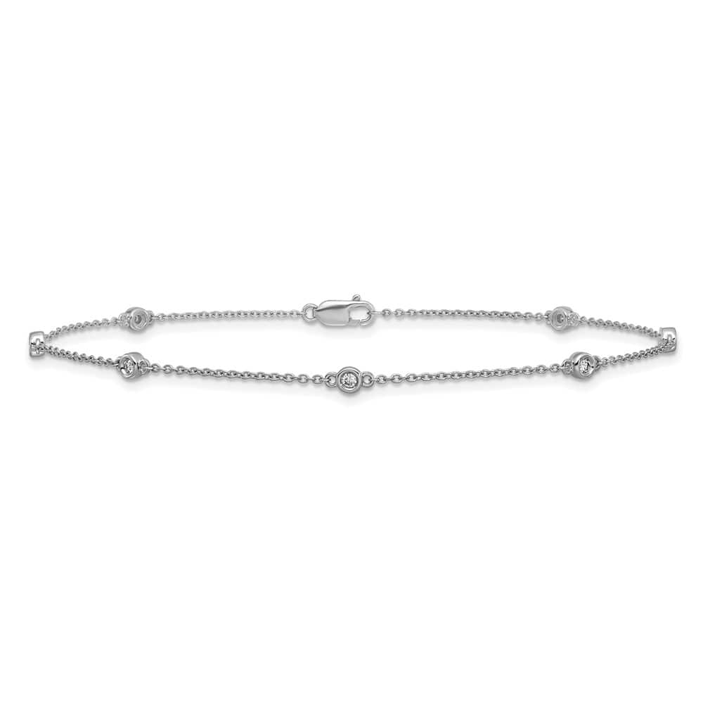 14K White Gold 1/6 carat Bezel-set Diamond and Cable 7-Station Anklet