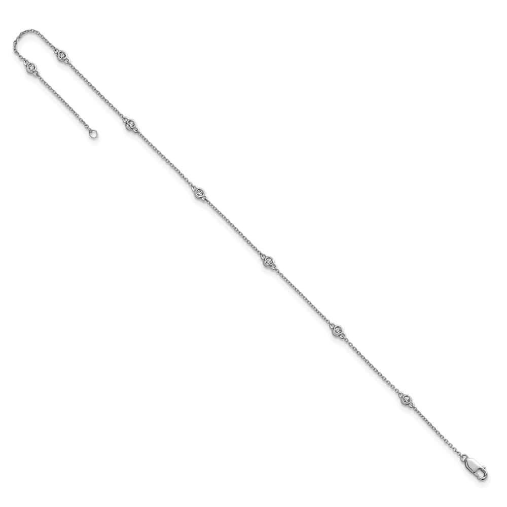 14K White Gold 1/6 carat Bezel-set Diamond and Cable 7-Station Anklet