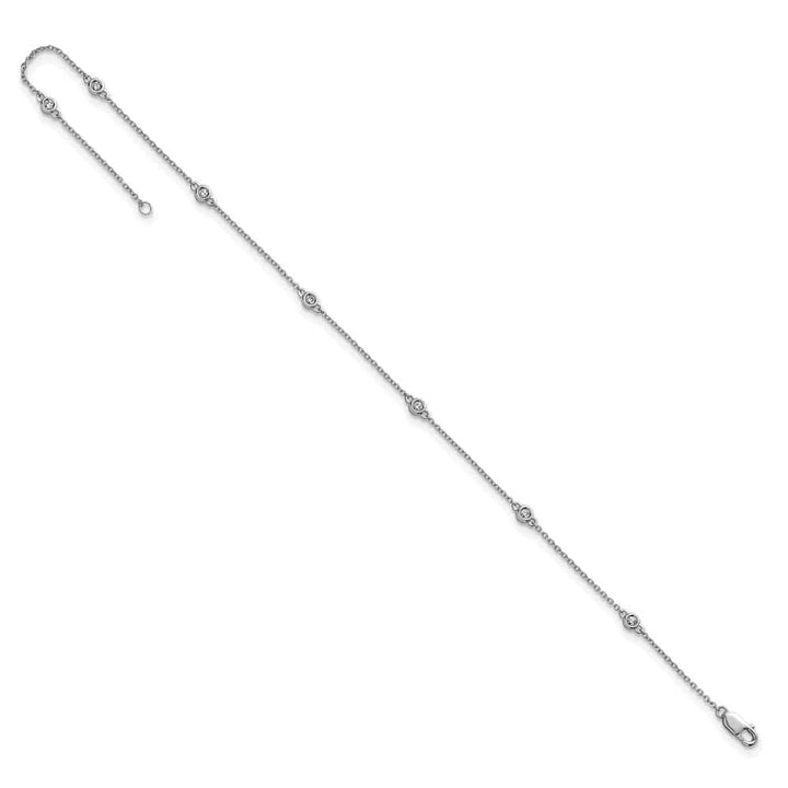 14K White Gold 1/6 carat Bezel-set Diamond and Cable 7-Station Anklet