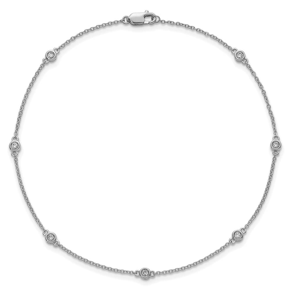 14K White Gold 1/6 carat Bezel-set Diamond and Cable 7-Station Anklet