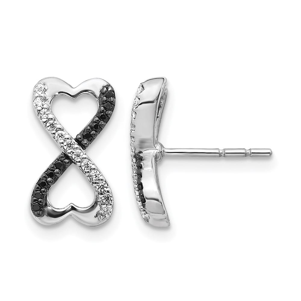 14K White Gold 1/6 carat Black White Diamond Infinity Heart Earrings, view 1 of 4