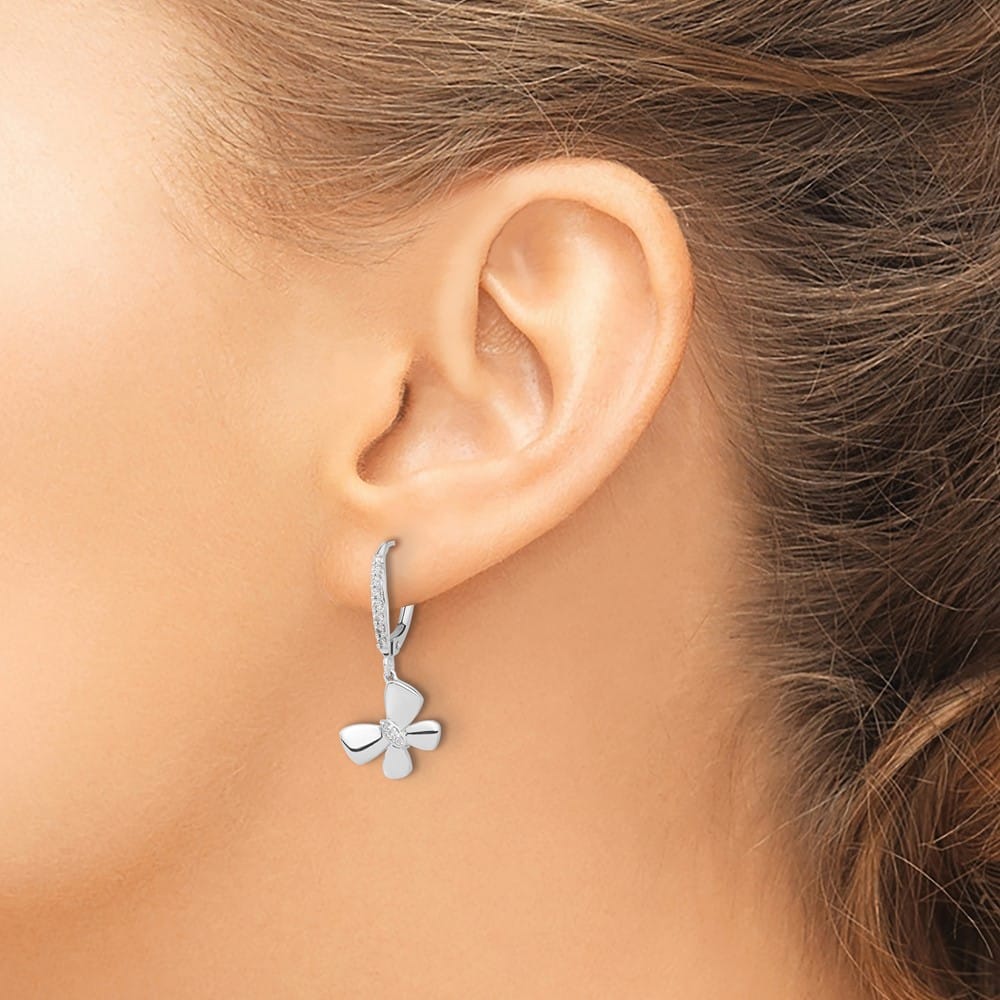 14K White Gold 1/6 carat Diamond Butterfly Dangle Leverback Earrings, view 3 of 4