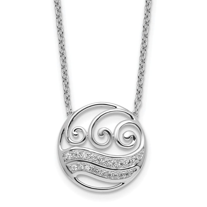 14K White Gold 1/6 carat Diamond Circle with Waves 18 inch Necklace
