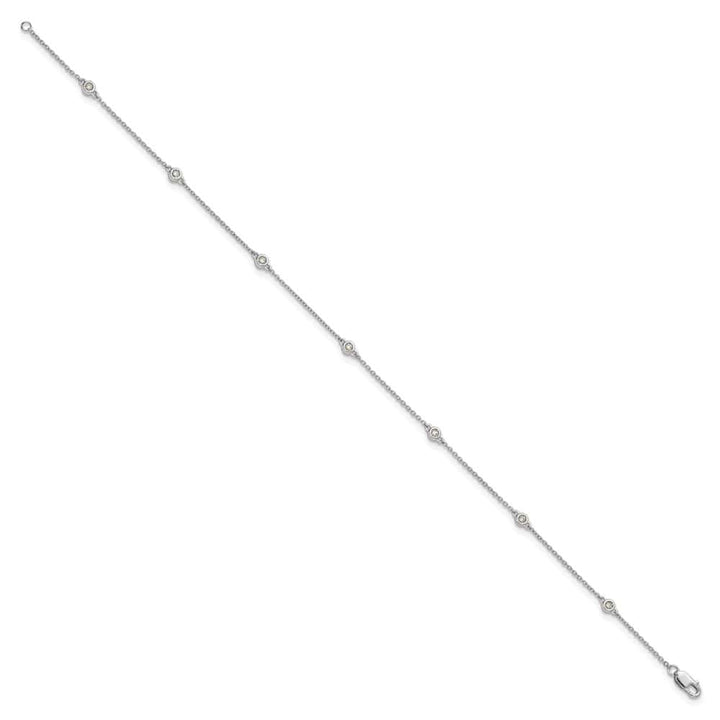 14K White Gold 1/8 carat Bezel-set Diamond and Cable 7-Station Anklet