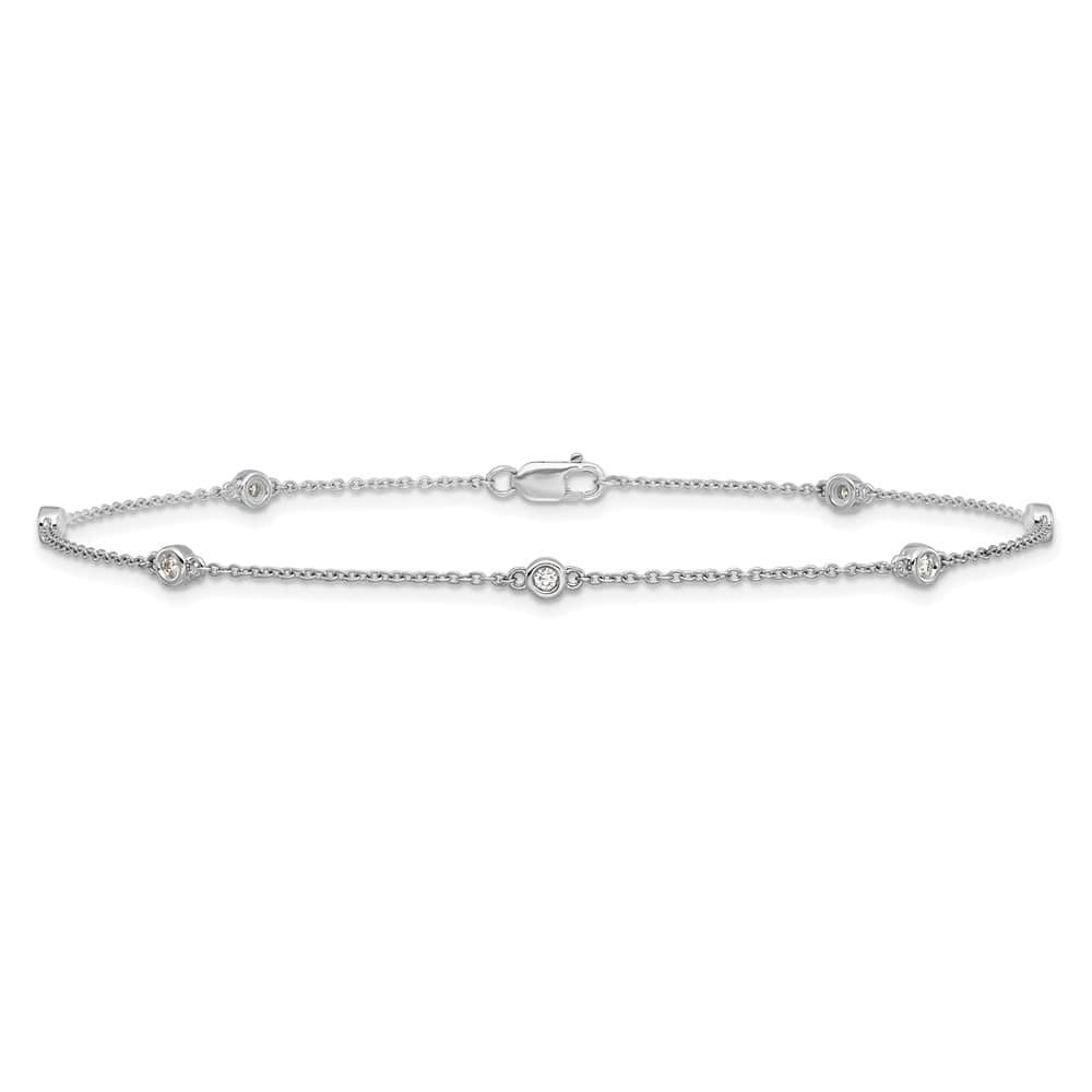 14K White Gold 1/8 carat Bezel-set Diamond and Cable 7-Station Anklet