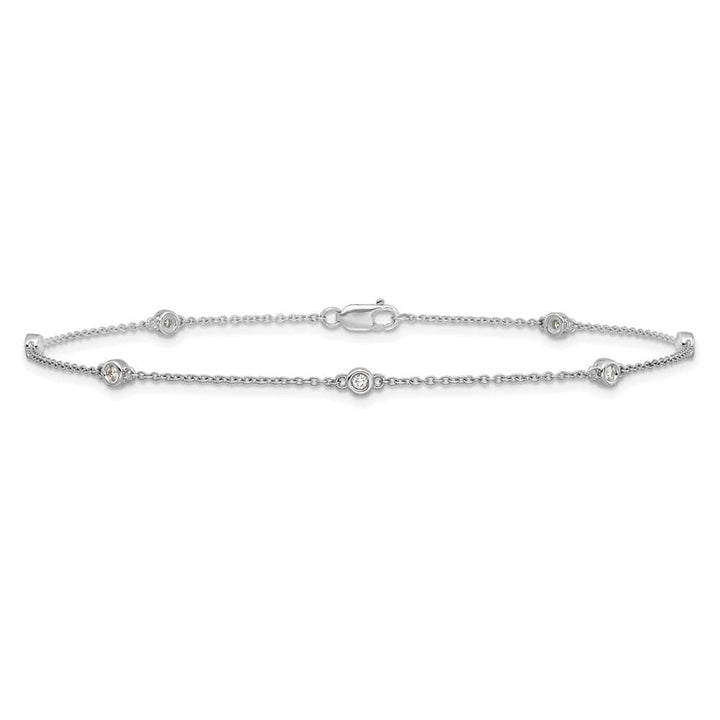 14K White Gold 1/8 carat Bezel-set Diamond and Cable 7-Station Anklet