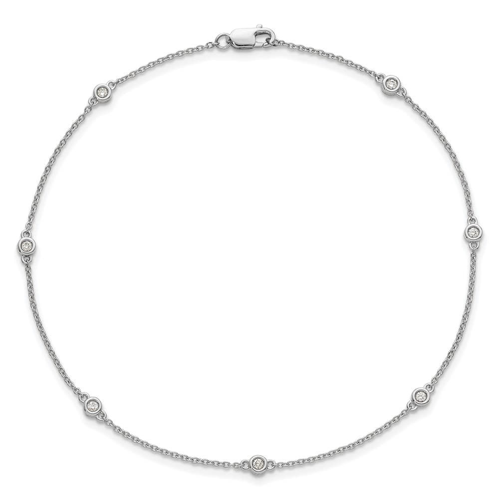 14K White Gold 1/8 carat Bezel-set Diamond and Cable 7-Station Anklet