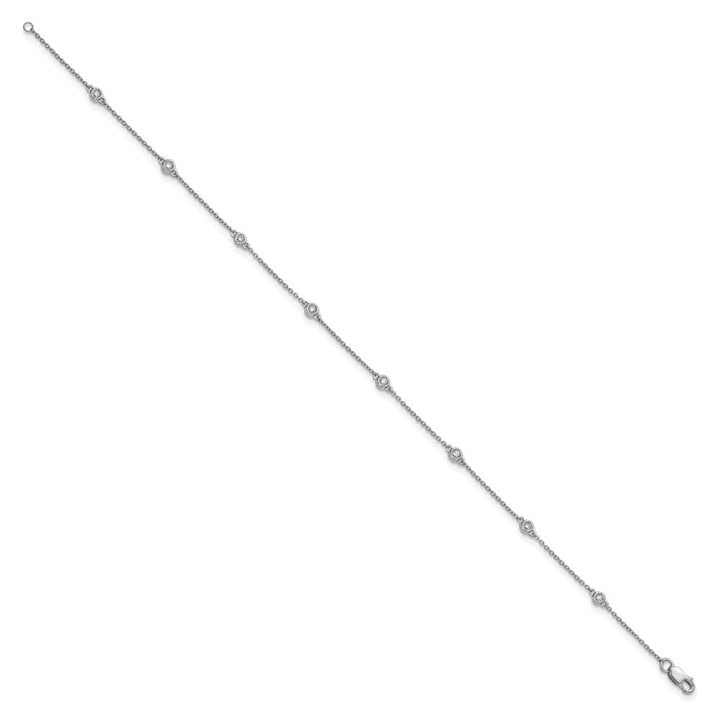 14K White Gold 1/8 carat Bezel-set Diamond and Cable 8-Station Anklet