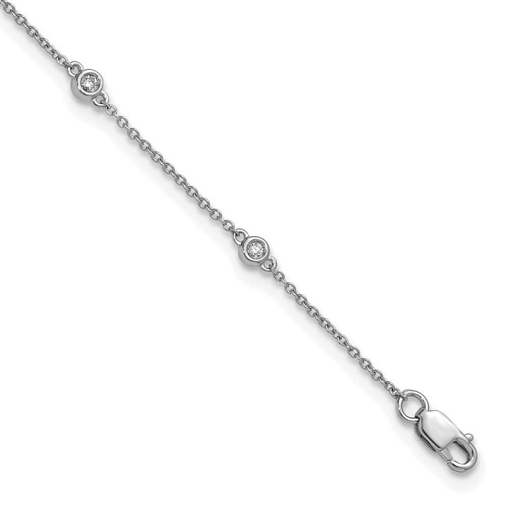 14K White Gold 1/8 carat Bezel-set Diamond and Cable 8-Station Anklet — solid 14K white gold, 9 inches long, 2.94 g