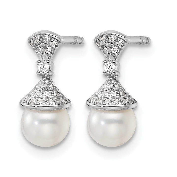 14K White Gold 1/8 carat Diamond and White Pearl Drop Post Earrings, view 2 of 3