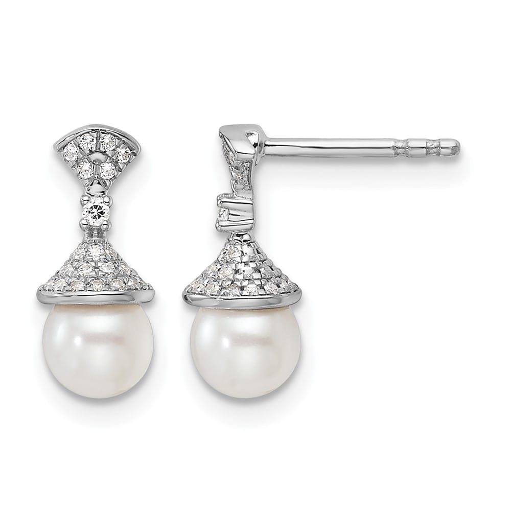 14K White Gold 1/8 carat Diamond and White Pearl Drop Post Earrings, view 1 of 3
