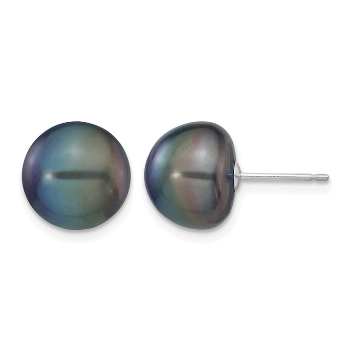 14K White Gold 10-11mm Black Button Freshwater Pearl Stud Earrings