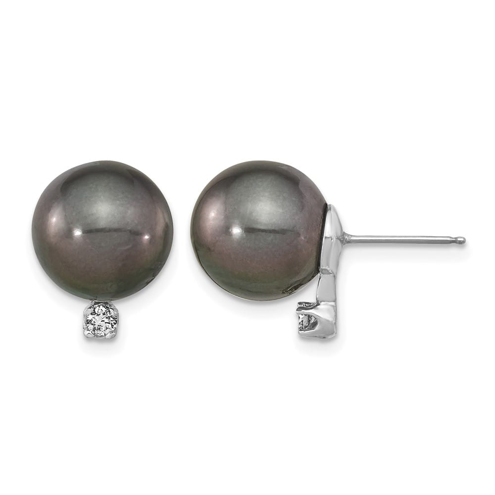 14K White Gold 10-11mm Black Round Pearl Carat Diamond Post Earrings