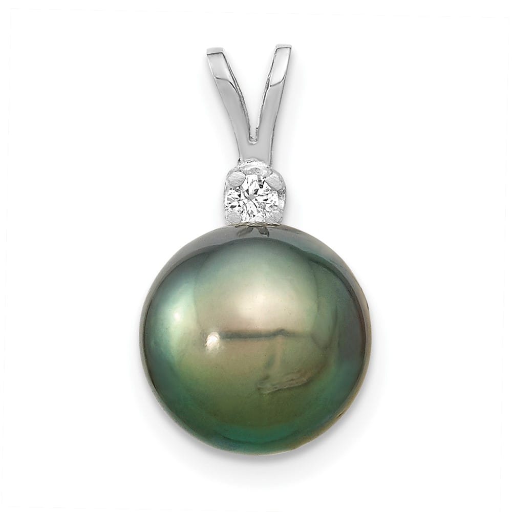 14K White Gold 10-11mm Black Tahitian Pearl and .05 ct Diamond Pendant