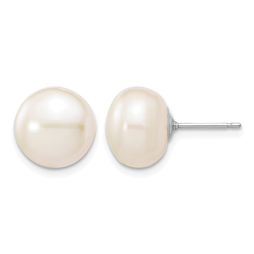 14K White Gold 10-11mm White Button Freshwater Pearl Stud Earrings
