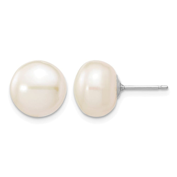 14K White Gold 10-11mm White Button Freshwater Pearl Stud Earrings
