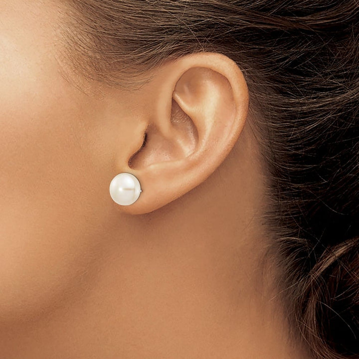 14K White Gold 10-11mm White Button Freshwater Pearl Stud Earrings