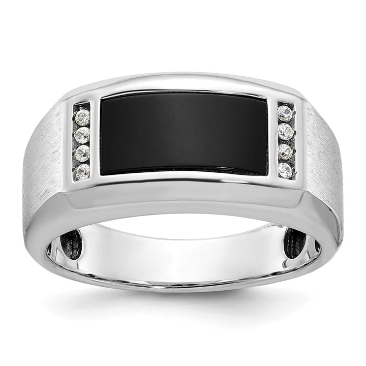 14k White Gold 10.5 mm Satin Rectangle Onyx Diamond Men's Ring