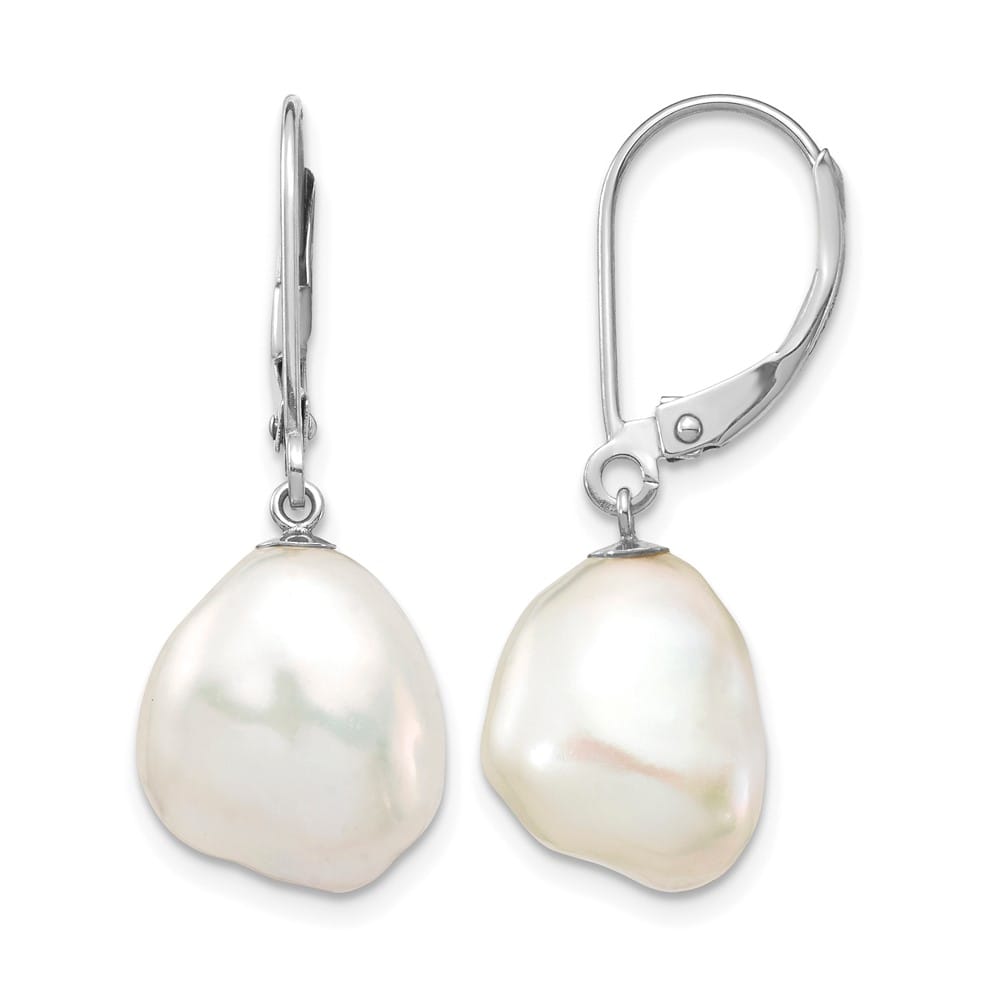 14K White Gold 10x13mm White Keshi Freshwater Pearl Dangle Earrings