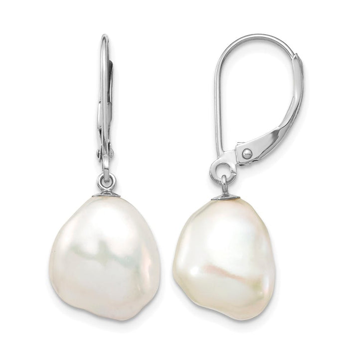 14K White Gold 10x13mm White Keshi Freshwater Pearl Dangle Earrings