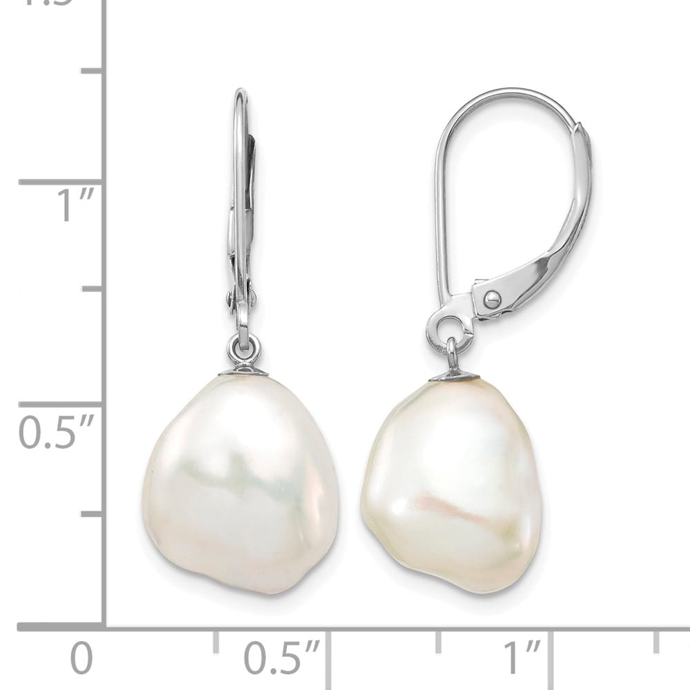 14K White Gold 10x13mm White Keshi Freshwater Pearl Dangle Earrings