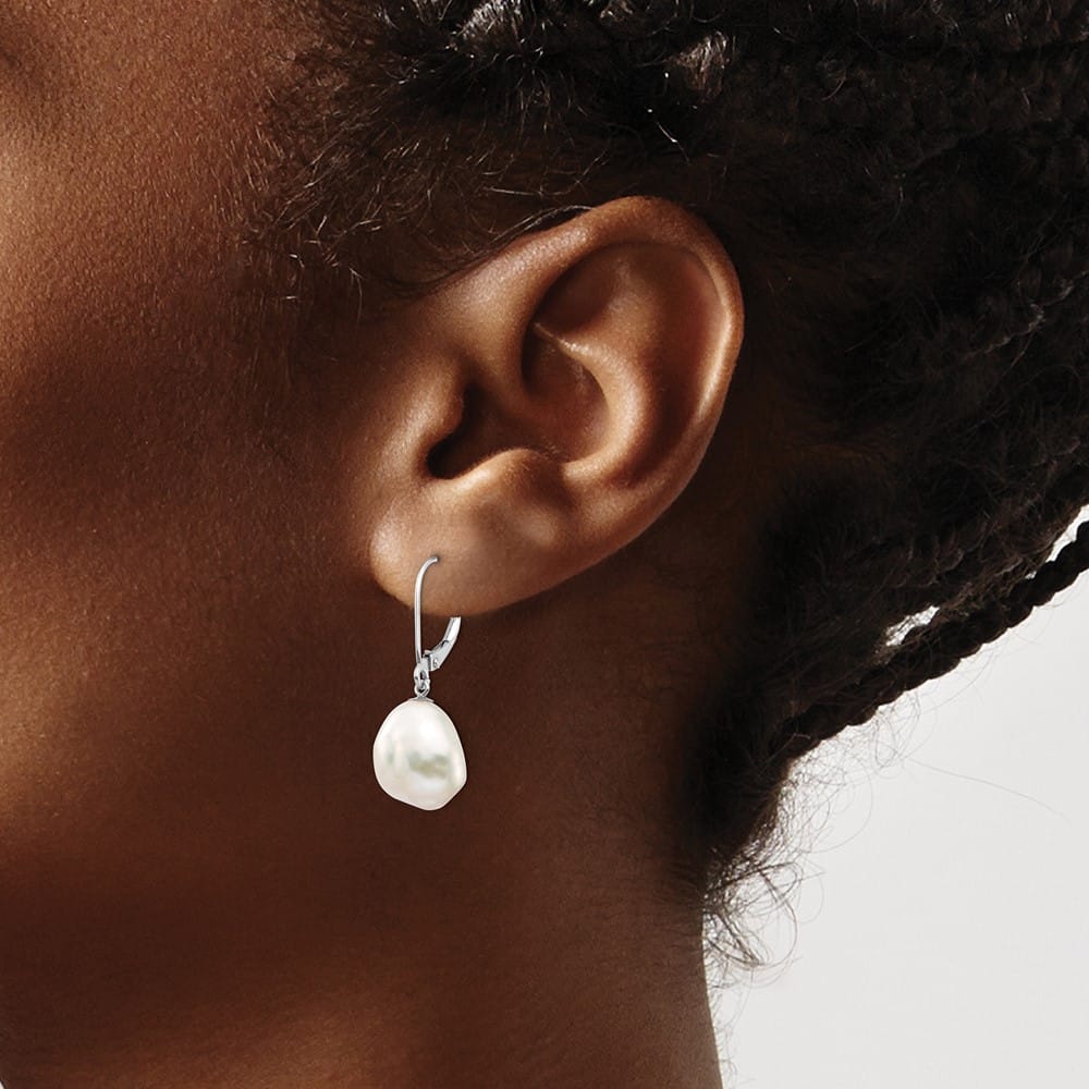 14K White Gold 10x13mm White Keshi Freshwater Pearl Dangle Earrings