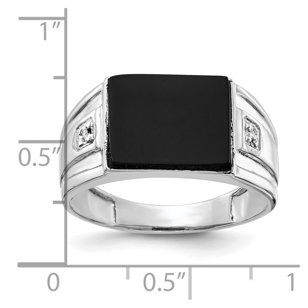 14k White Gold 10x8 mm Rectangle Onyx and I1 Diamond Men's Ring
