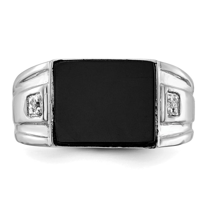 14k White Gold 10x8 mm Rectangle Onyx and I1 Diamond Men's Ring