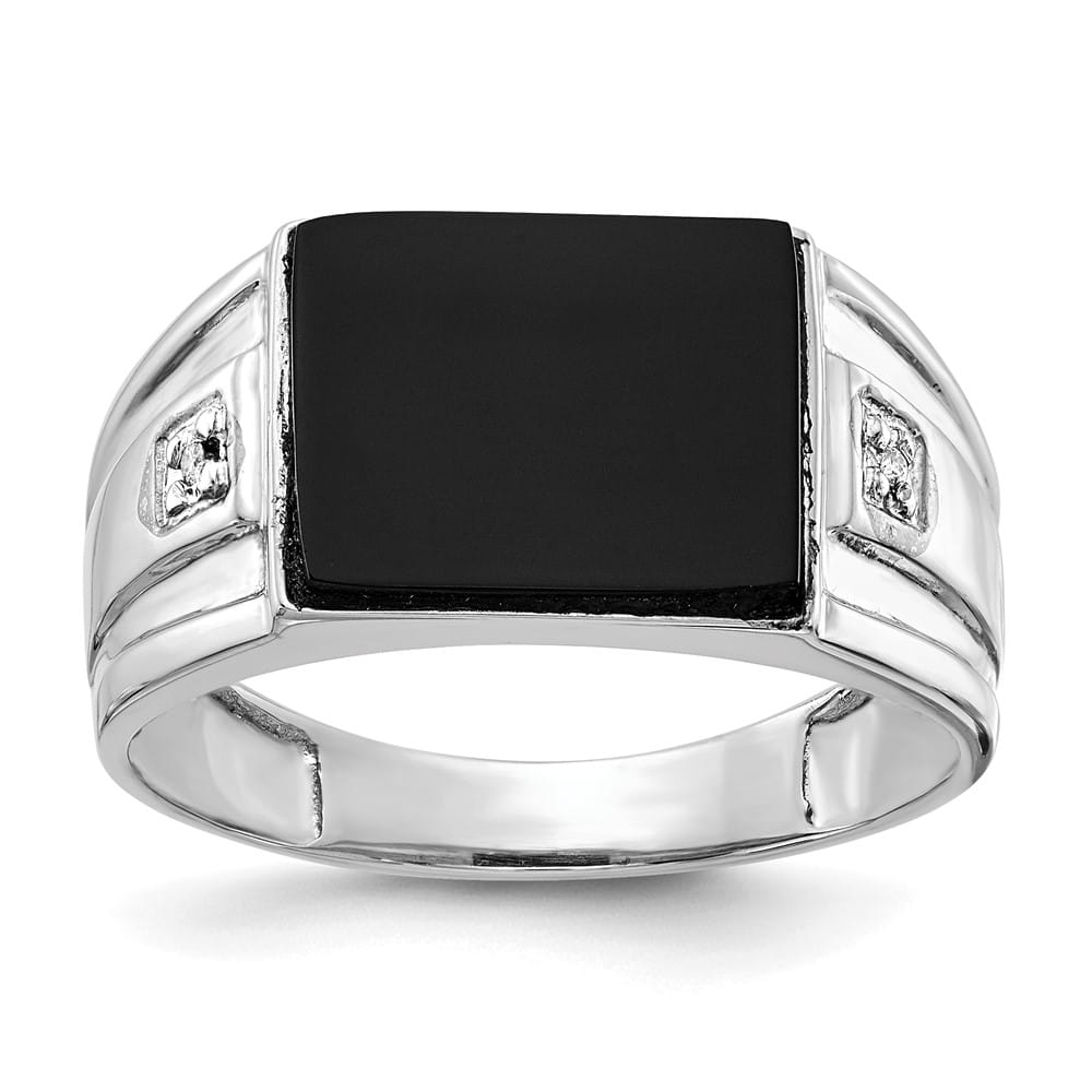 14k White Gold 10x8 mm Rectangle Onyx and I1 Diamond Men's Ring
