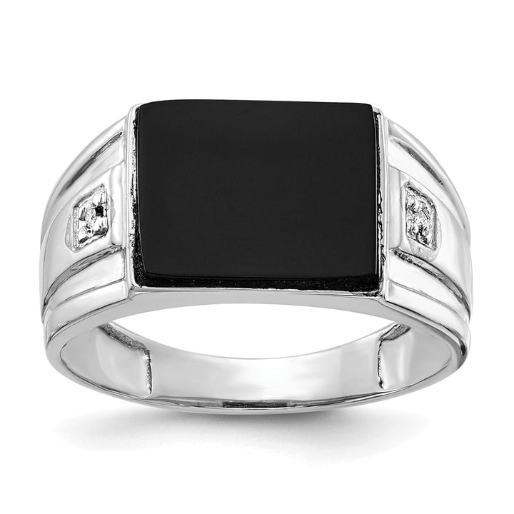 14k White Gold 10x8 mm Rectangle Onyx and I1 Diamond Men's Ring