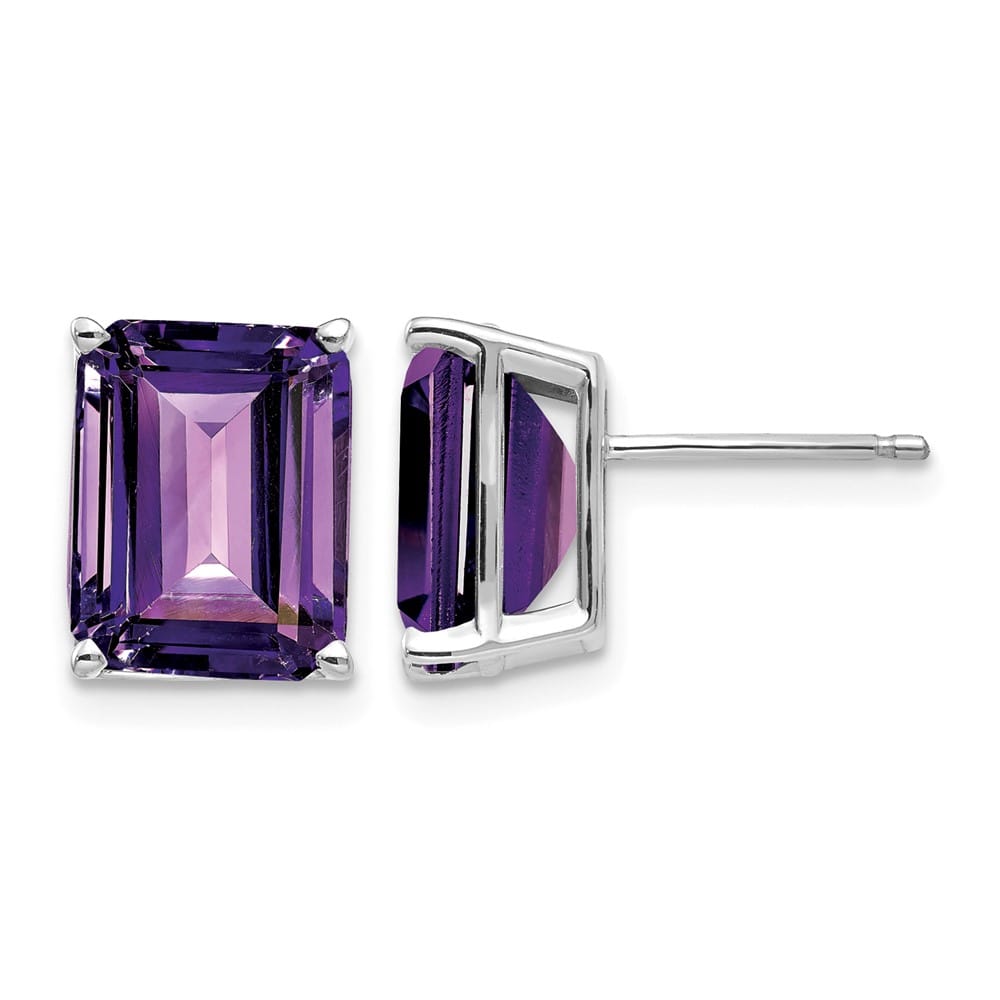 14K White Gold 10x8mm Emerald-Cut Amethyst Stud Post Earrings, view 1 of 4