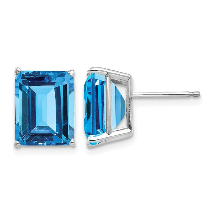 14K White Gold 10x8mm Emerald-Cut Blue Topaz Post Earrings, view 1 of 4