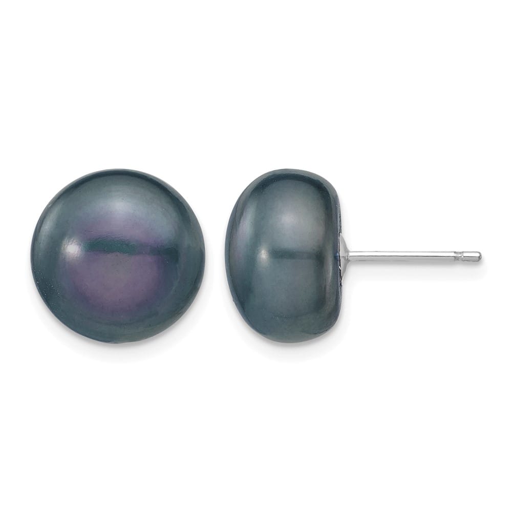 14K White Gold 11-12mm Black Button Freshwater Pearl Stud Earrings