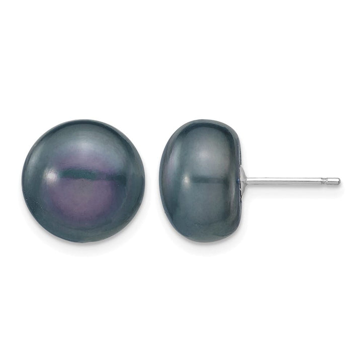 14K White Gold 11-12mm Black Button Freshwater Pearl Stud Earrings
