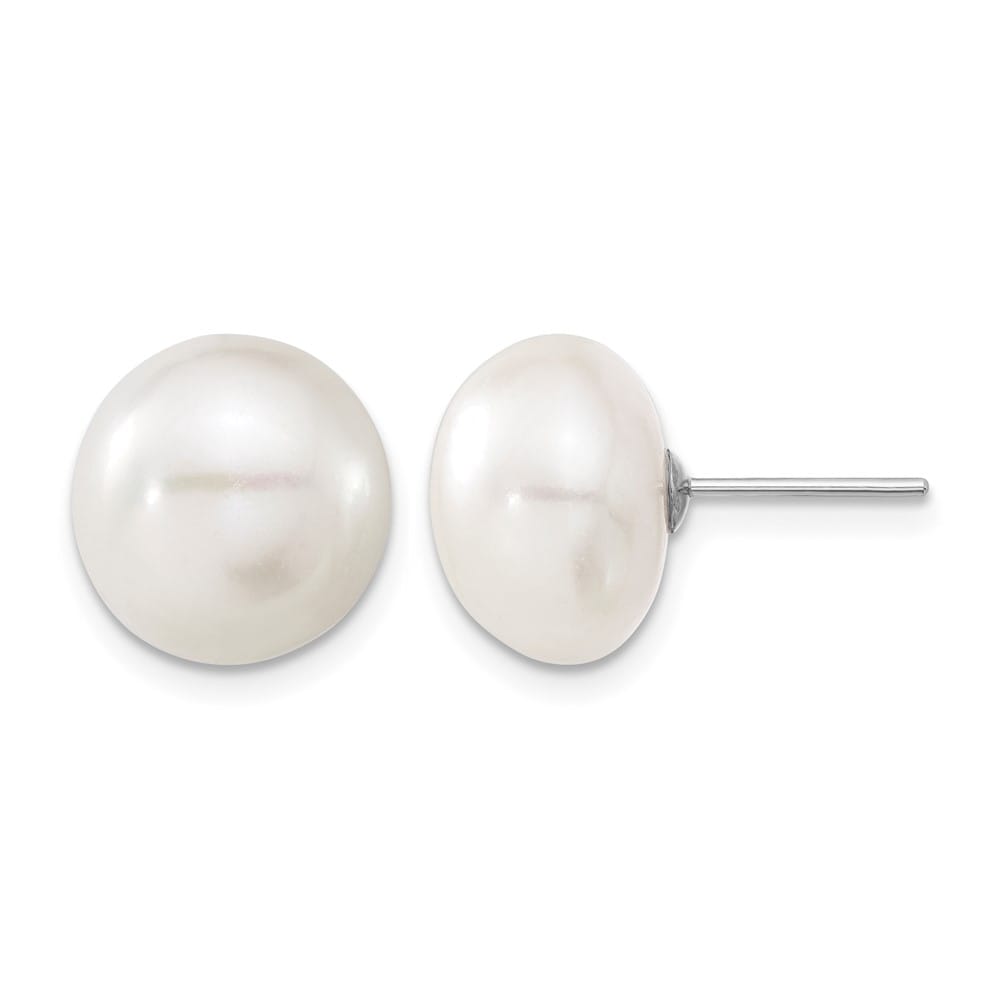 14K White Gold 11-12mm White Button Freshwater Pearl Stud Earrings