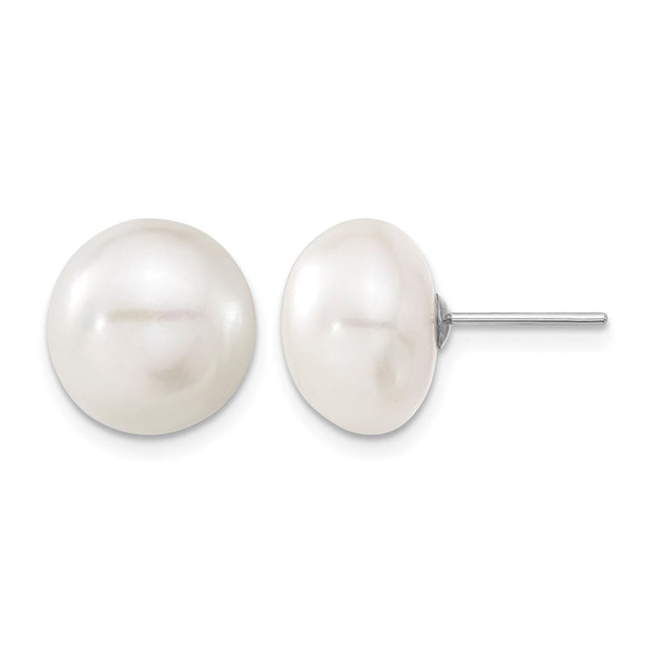 14K White Gold 11-12mm White Button Freshwater Pearl Stud Earrings